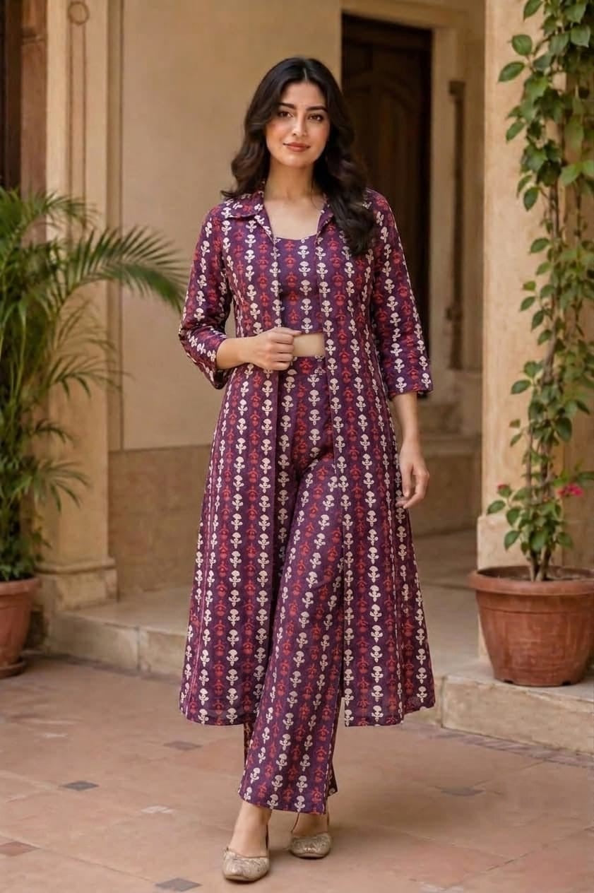 Wine Hand Block Print Co-ord Set with Long Shrug