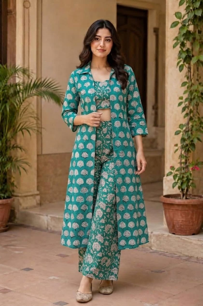 Teal Hand Block Print Co-ord Set with Long Shrug