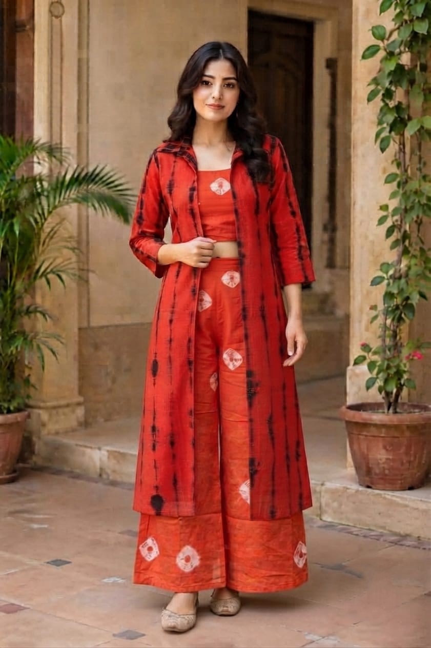 Red Handcrafted Co-ord Set with Long Shrug