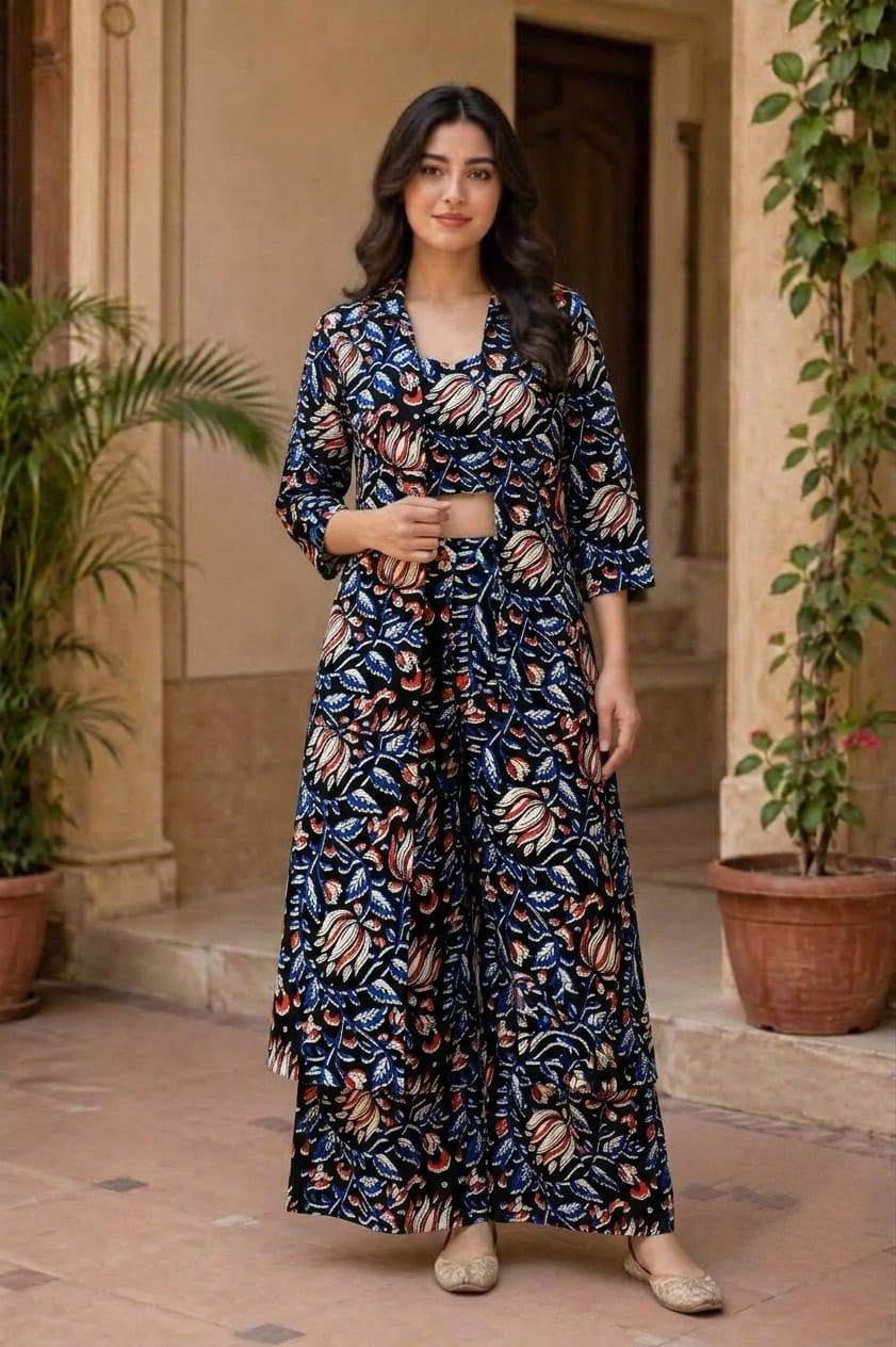 Navy Floral Hand Block Print Co-ord Set with Long Shrug