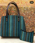 Women's Blue Ethnic Woven Tote Bag with Matching Pouch